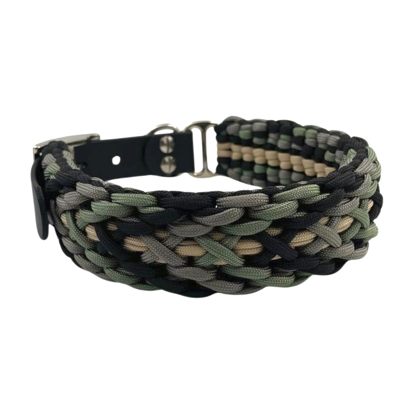 Paracord Halsband in grau, schwarz, Oliv, mit schwarzem Biothane Adapter und silberner Schnalle 