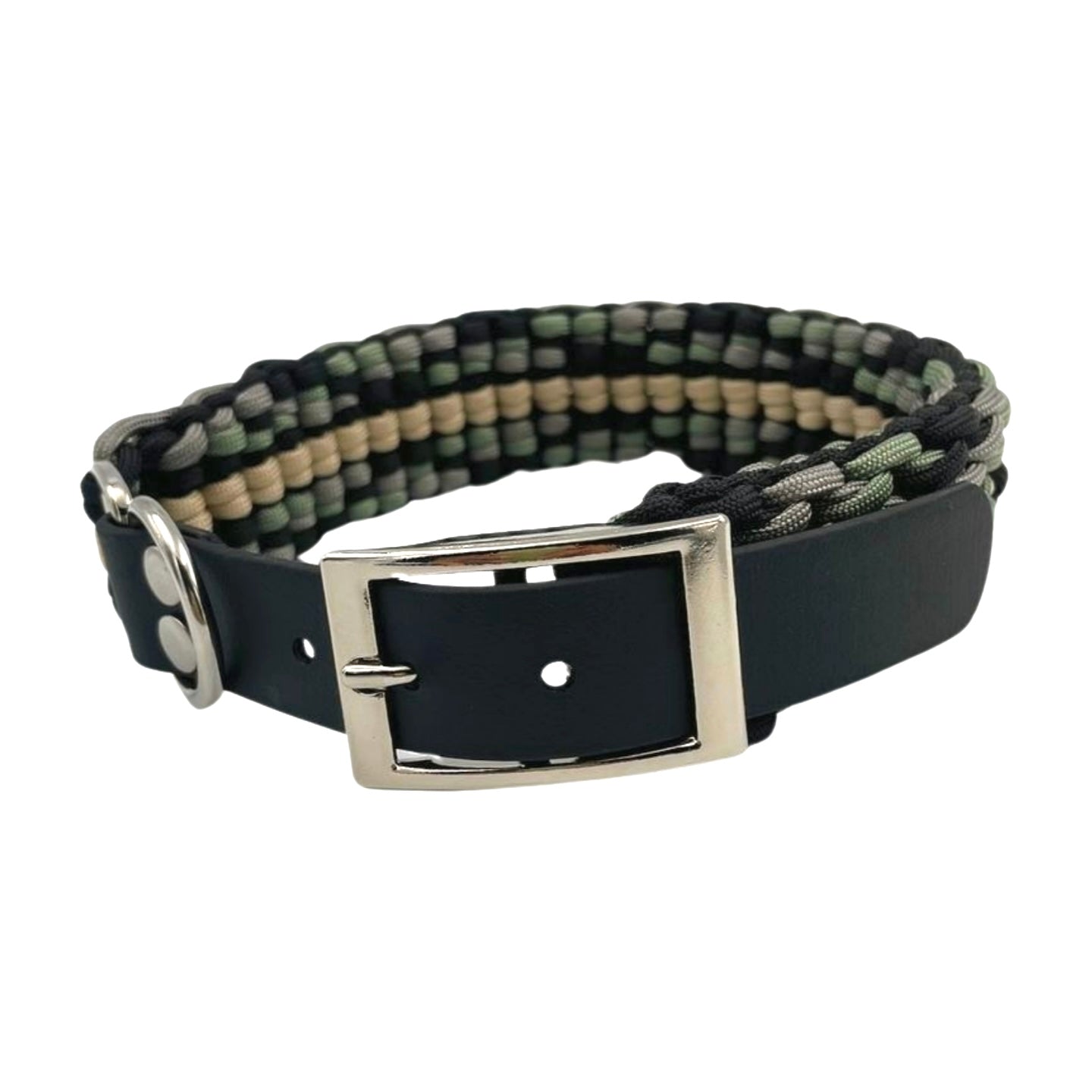 Paracord Halsband in grau, schwarz, Oliv, mit schwarzem Biothane Adapter und silberner Schnalle 