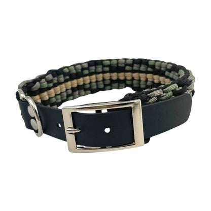 Paracord Halsband in grau, schwarz, Oliv, mit schwarzem Biothane Adapter und silberner Schnalle 