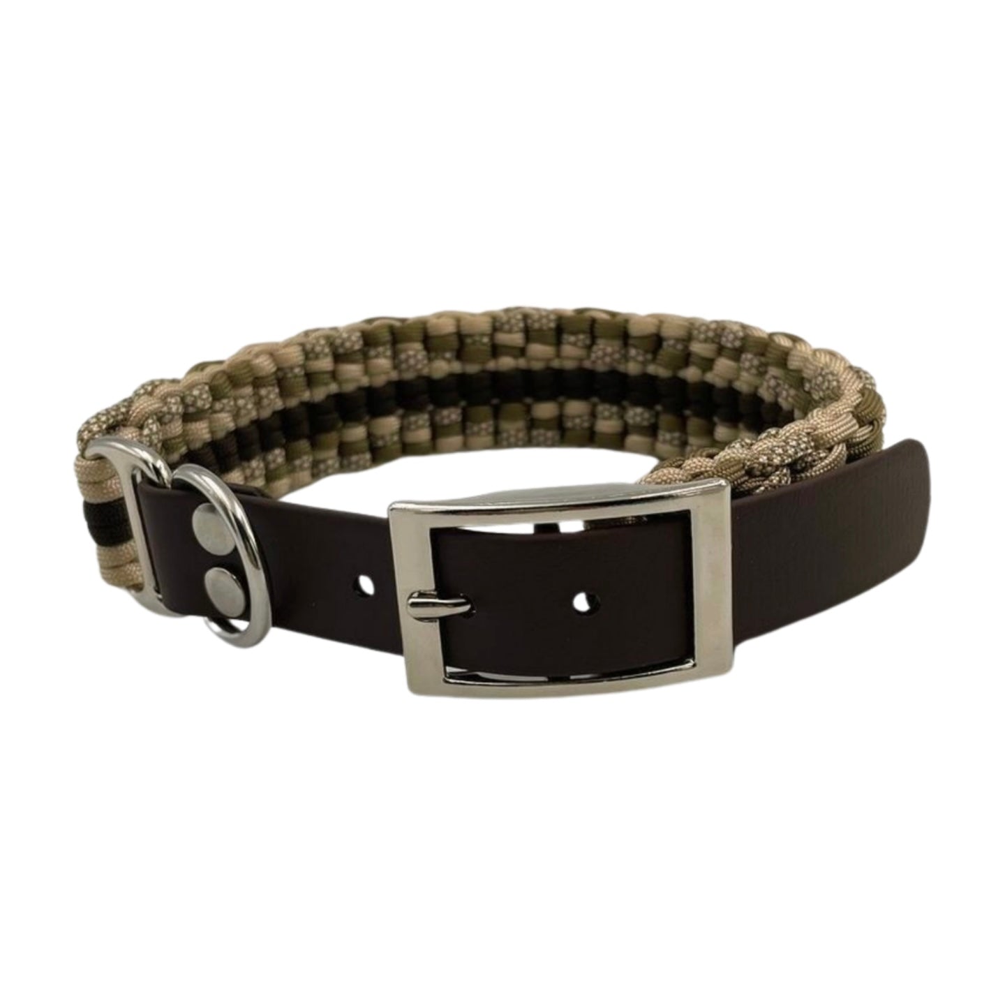 Paracord Halsband braun Mocca Diamond mit braunem Biothane Adapter und die Schnalle in Silber Knoten für vier Pfoten