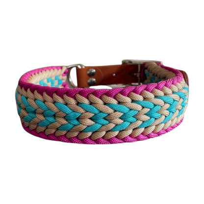 Paracord Halsband Pink türkis cafelatte mit braunem Biothane adapter Knoten für vier Pfoten