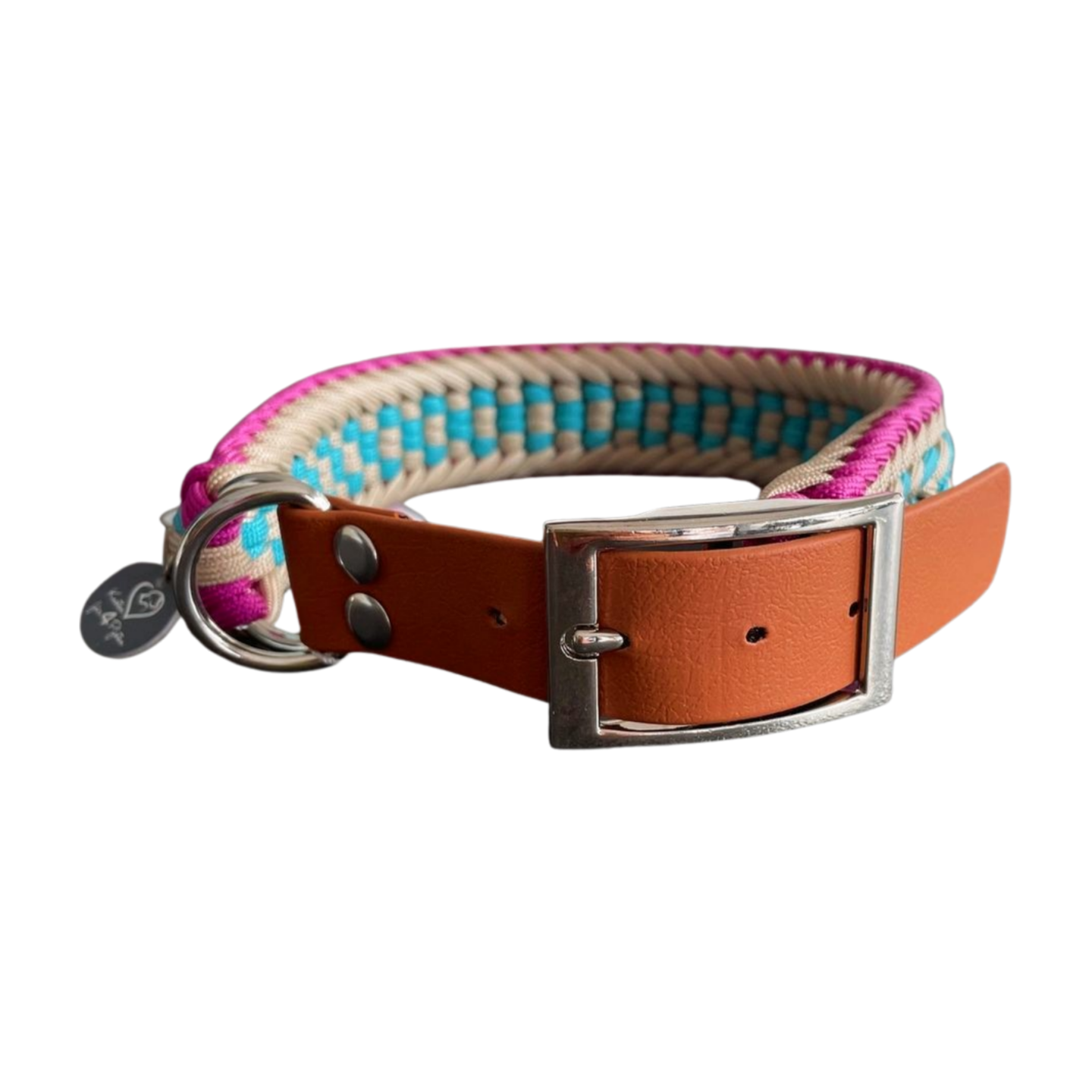 Paracord Halsband Pink türkis cafelatte mit braunem Biothane adapter Knoten für vier Pfoten