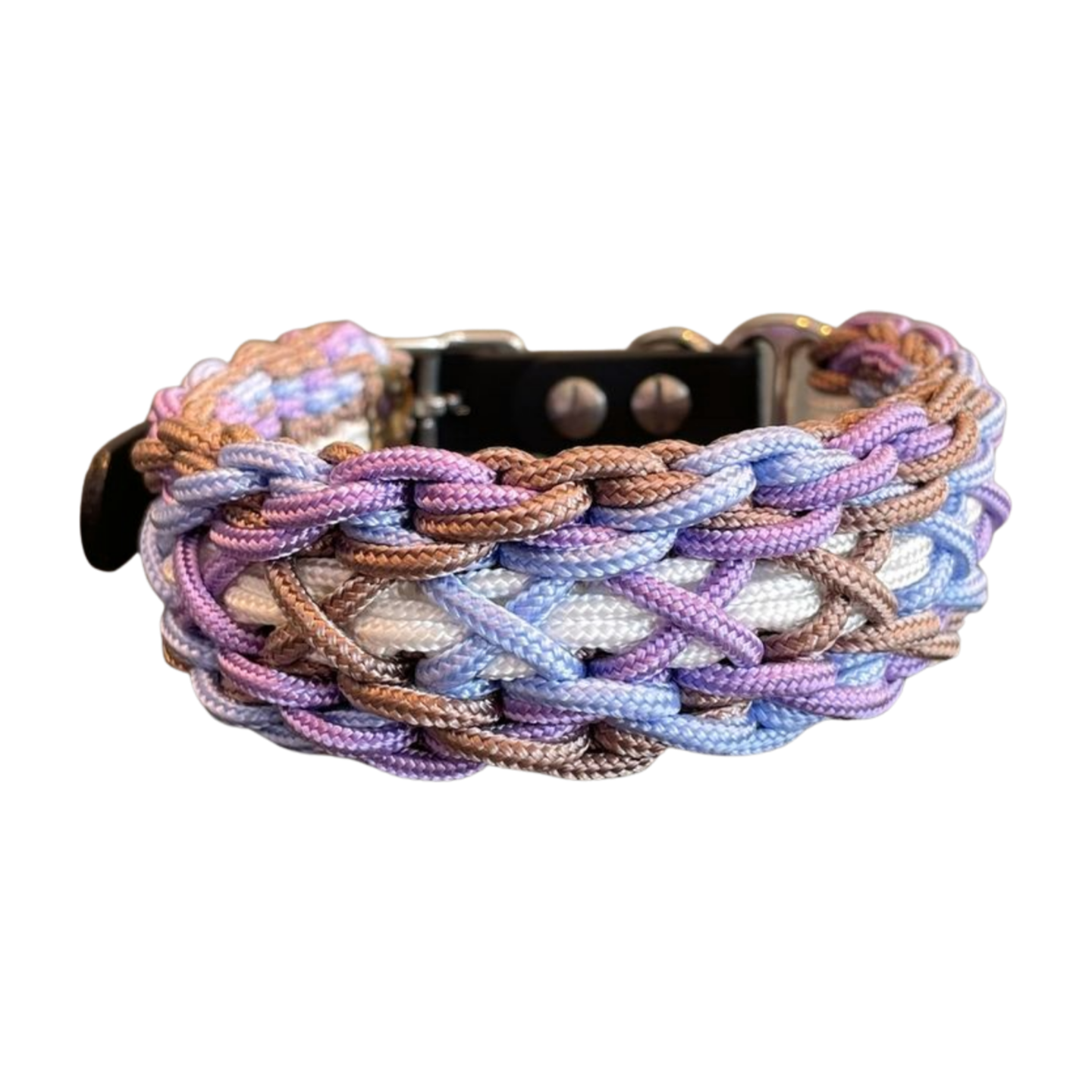 Paracord Halsband Lila weiß hellblau braun schwarzer >Biothaneadapter  Knoten für vier Pfoten